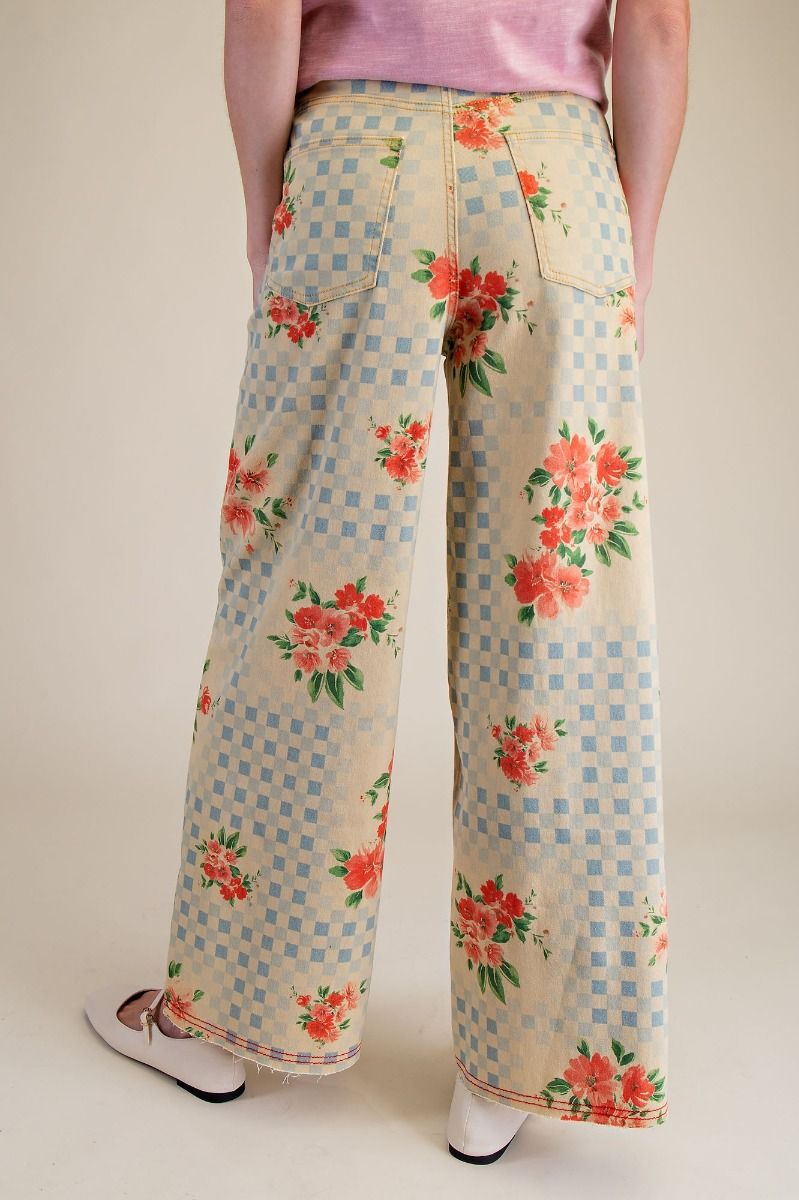 Havana Checkerboard Floral Wide Leg Twill Pants