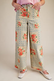 Havana Checkerboard Floral Wide Leg Twill Pants