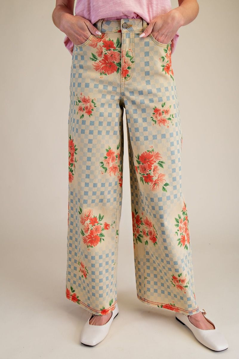 Havana Checkerboard Floral Wide Leg Twill Pants