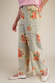 Havana Checkerboard Floral Wide Leg Twill Pants
