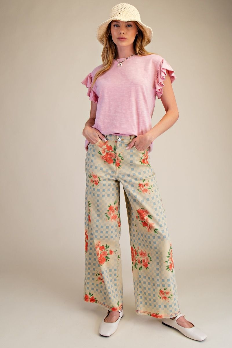 Havana Checkerboard Floral Wide Leg Twill Pants