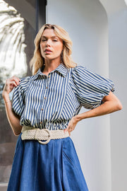 Ellie Navy Stripe Puff Sleeve Denim Button Front Shirt