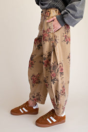 Le Fleur Floral Roses Vintage Washed Barrel Pants
