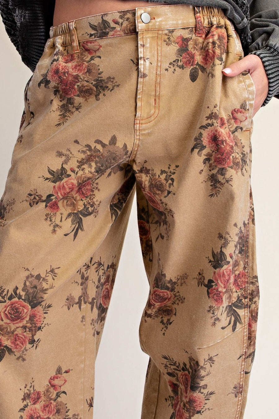 Le Fleur Floral Roses Vintage Washed Barrel Pants