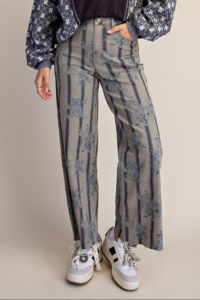 Vintage Cornflower Stripe Printed Wide Leg Pants