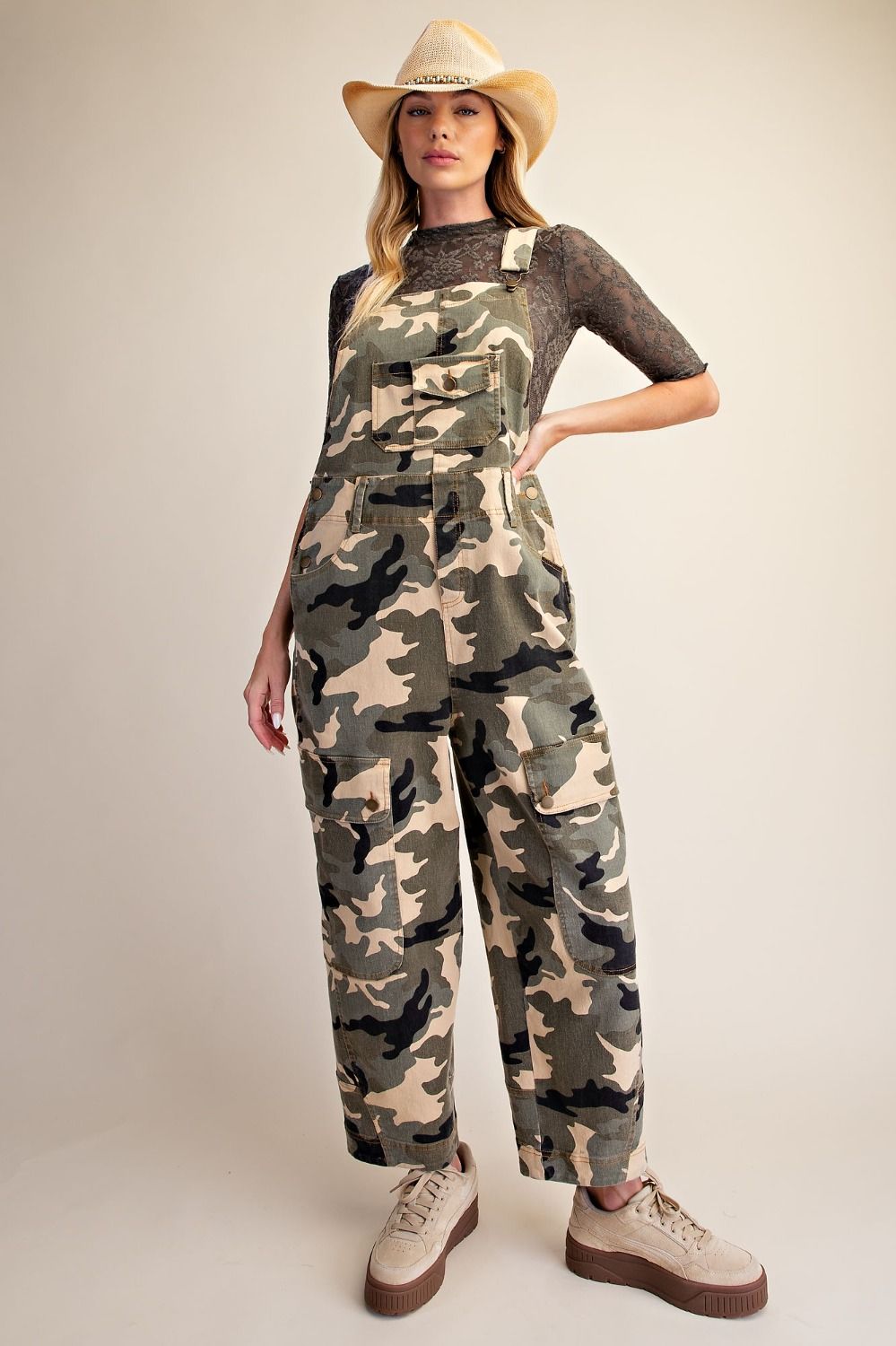 Camouflage Print Washed Cargo Overalls