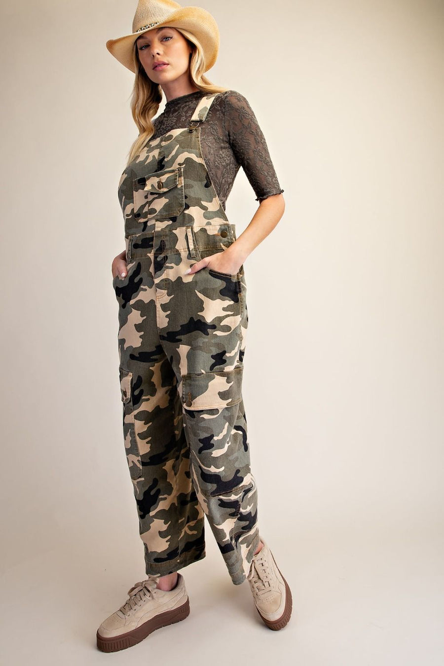 Camouflage Print Washed Cargo Overalls