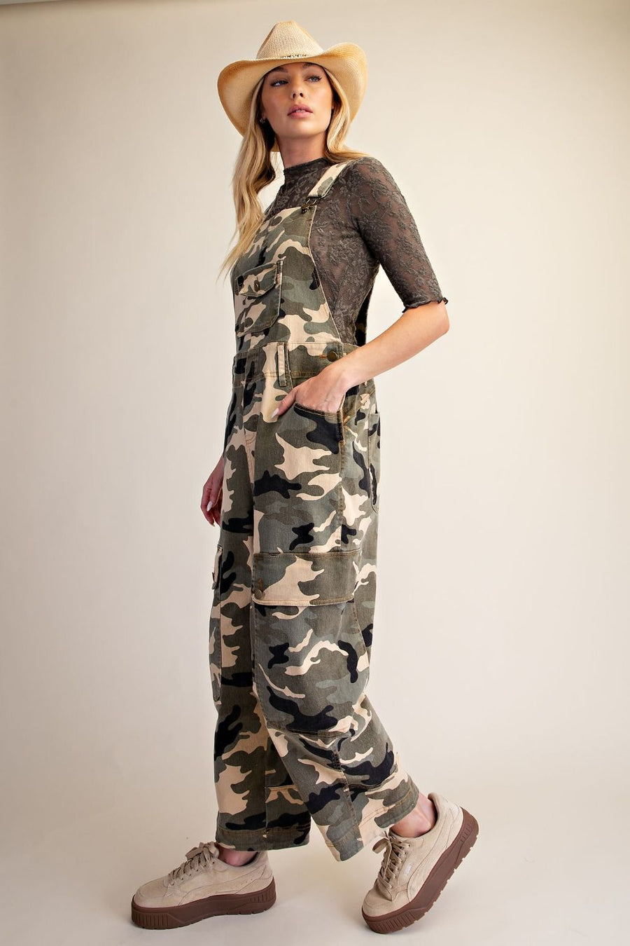Camouflage Print Washed Cargo Overalls