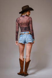 Rodeo Printed Mesh Long Sleeve Fitted Top
