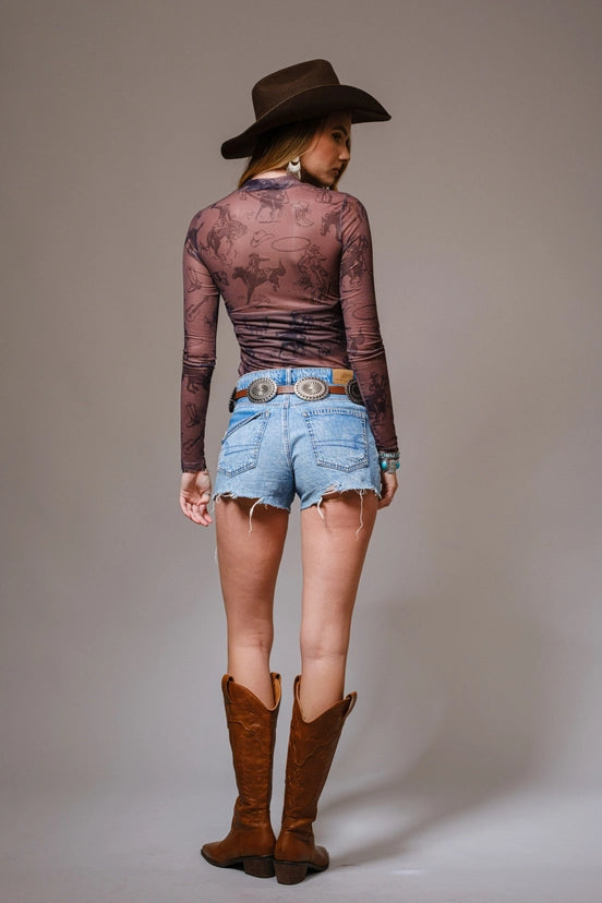 Rodeo Printed Mesh Long Sleeve Fitted Top
