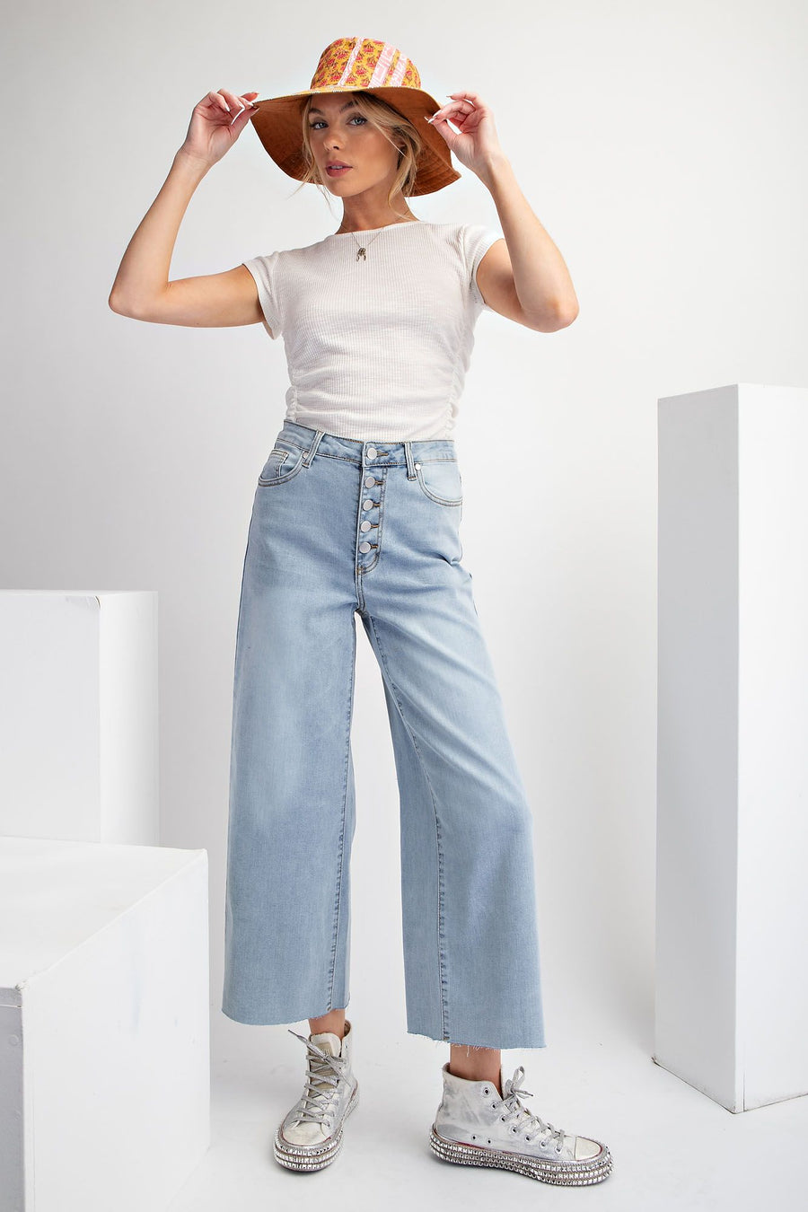 Braxton Button Fly Stretch Denim Wide Leg Crop Pant Jeans