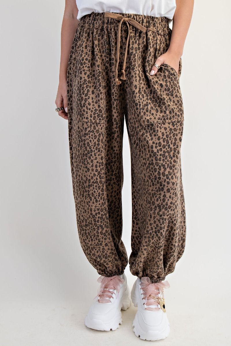 Lollie Leopard Print Washed Terry Baggy Jogger Pants