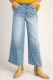 Floral Vines Printed Washed Denim Wide Leg Pants