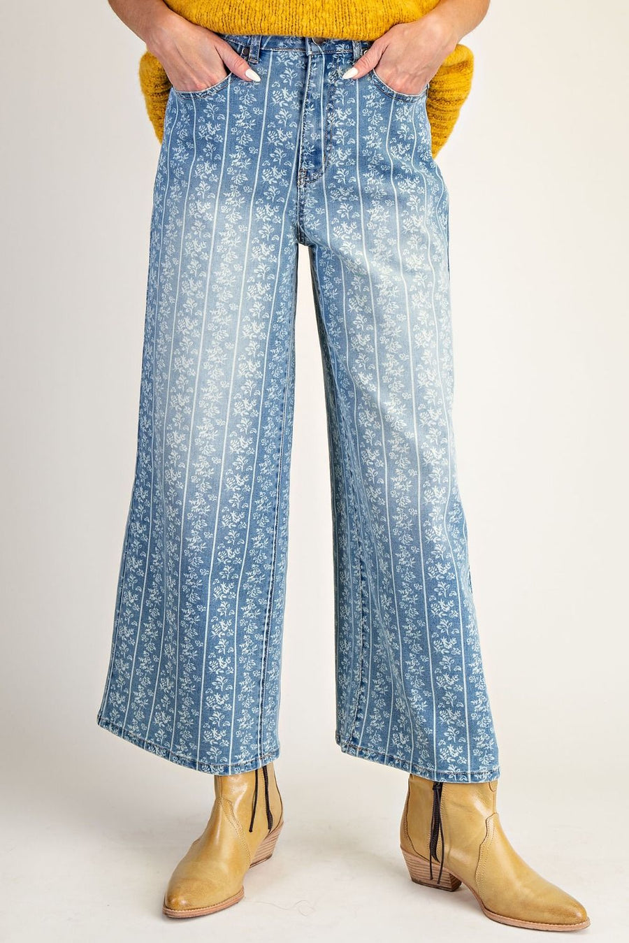 Floral Vines Printed Washed Denim Wide Leg Pants