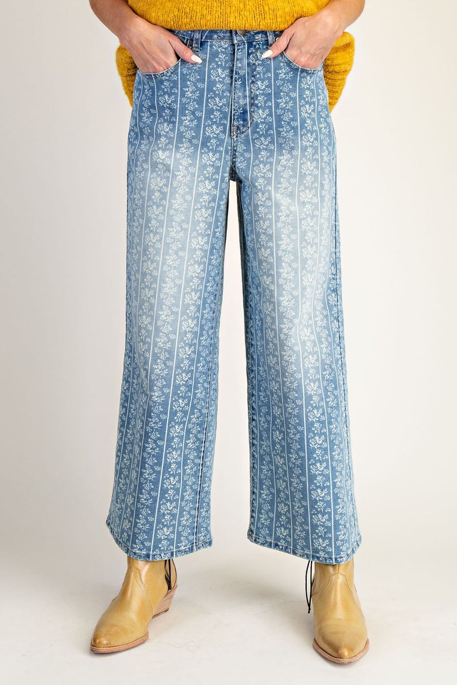 Floral Vines Printed Washed Denim Wide Leg Pants
