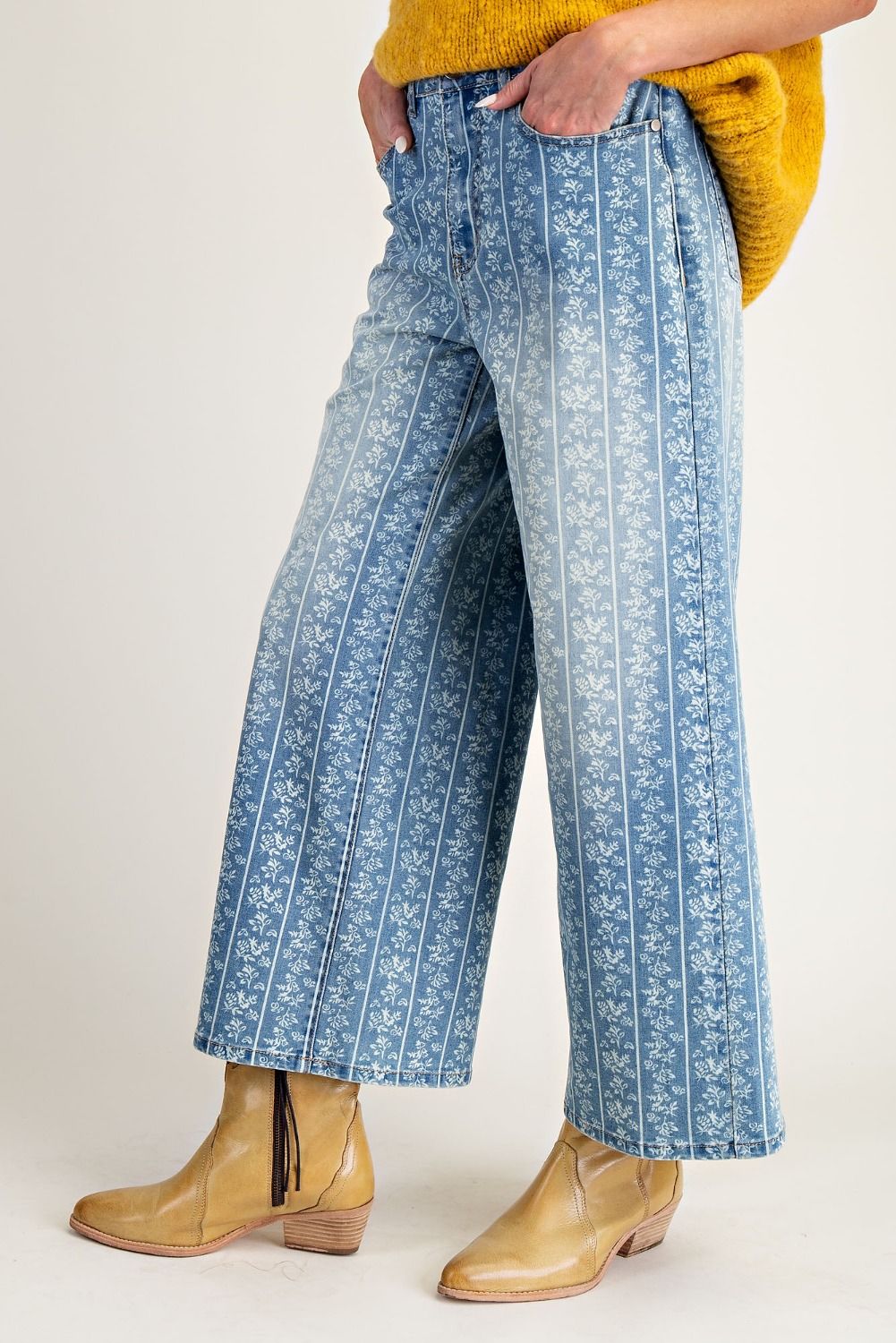 Floral Vines Printed Washed Denim Wide Leg Pants