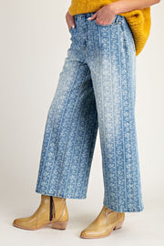 Floral Vines Printed Washed Denim Wide Leg Pants