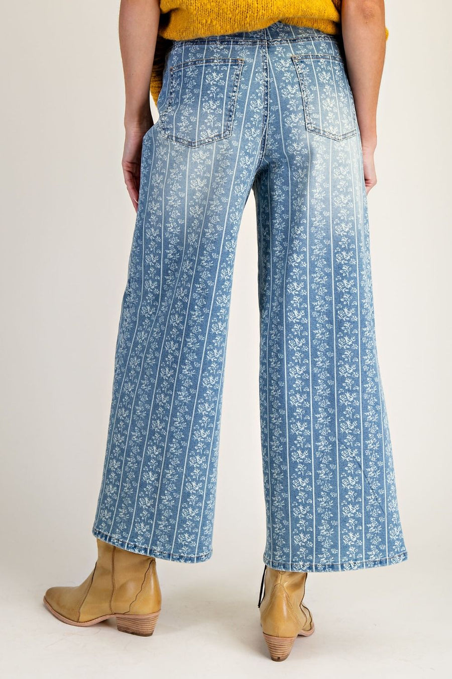 Floral Vines Printed Washed Denim Wide Leg Pants