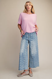 Floral Vines Printed Washed Denim Wide Leg Pants