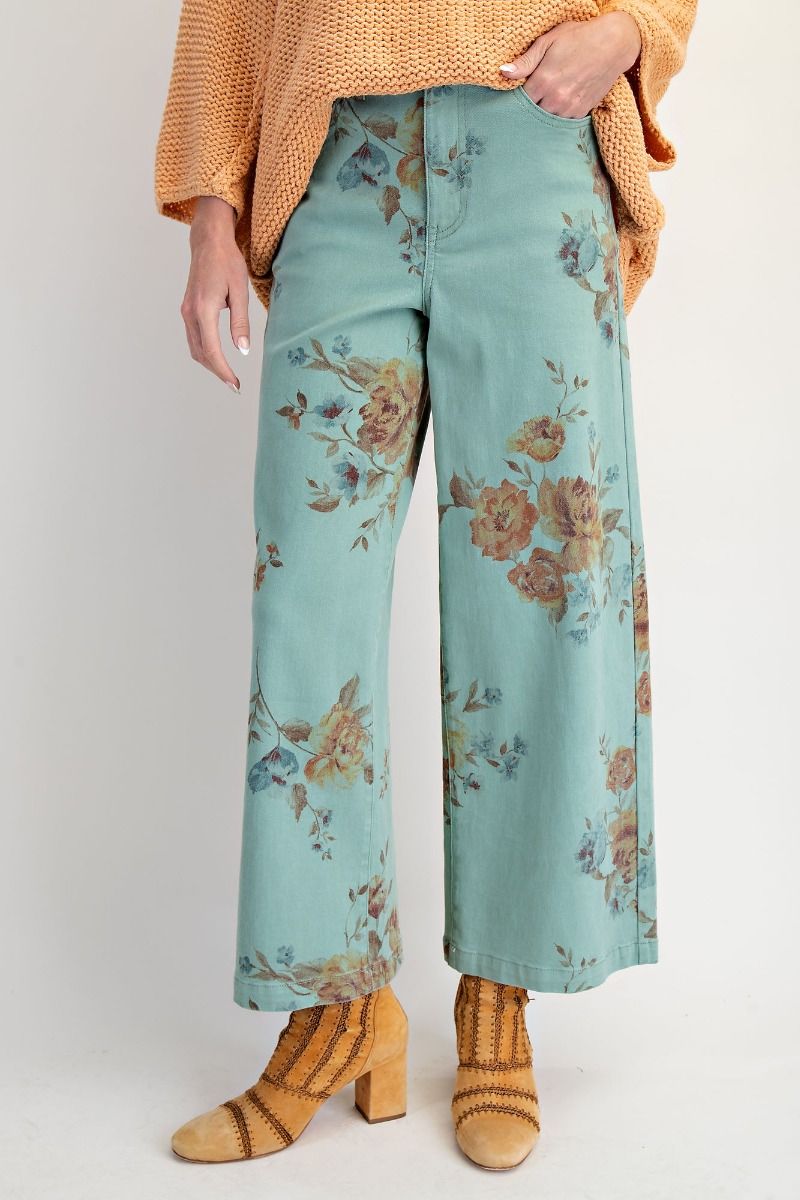 Rosanna Floral Print Wide Leg Twill Pants