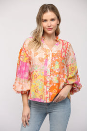 Aidyn Puff Sleeve Button Down Chiffon Blouse