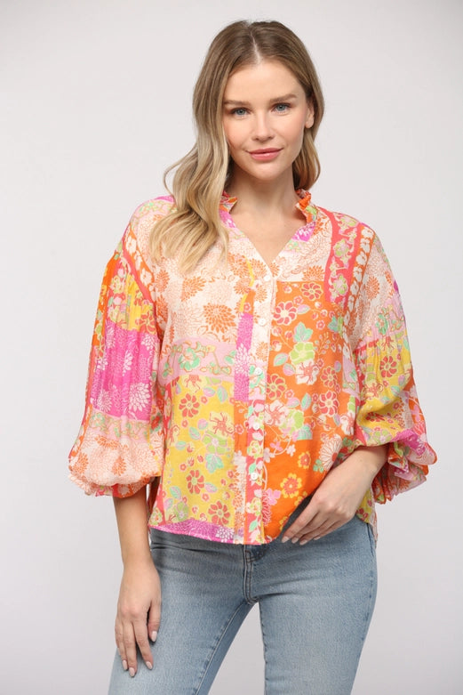 Aidyn Puff Sleeve Button Down Chiffon Blouse