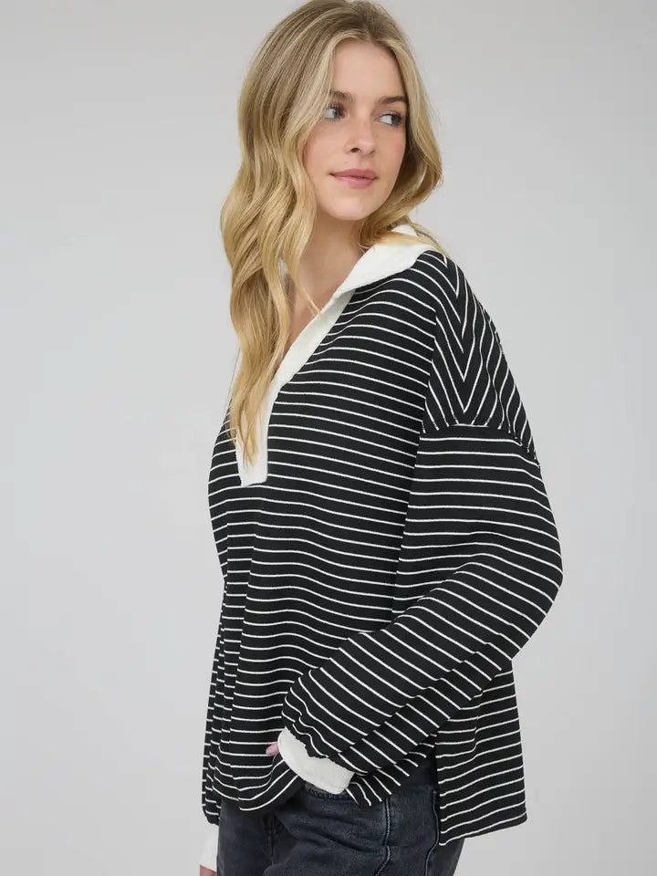 Leanne Contrast Collar Stripe Long Sleeve Knit Top
