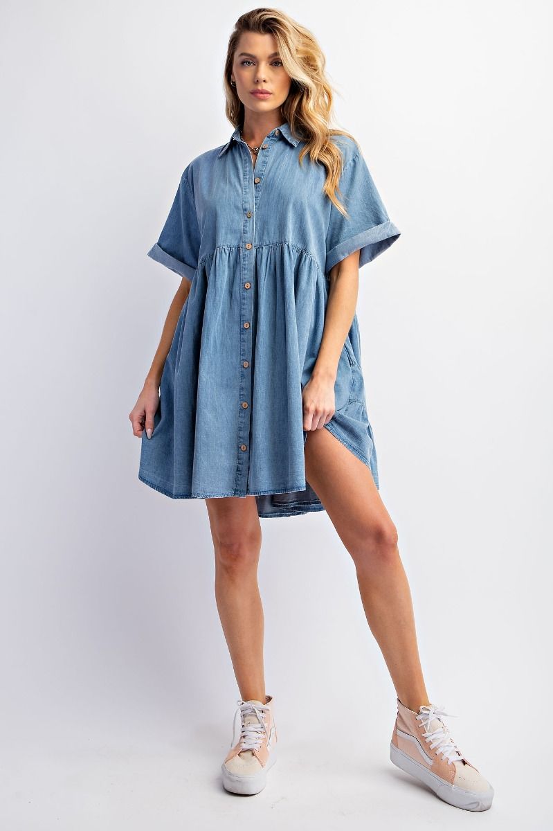 denim shirt dress with sneakers Denim dresses are one of the best options for spring outfit ideas. The material won't weigh you down and will feel just right for the weather with its thickness. You can surely