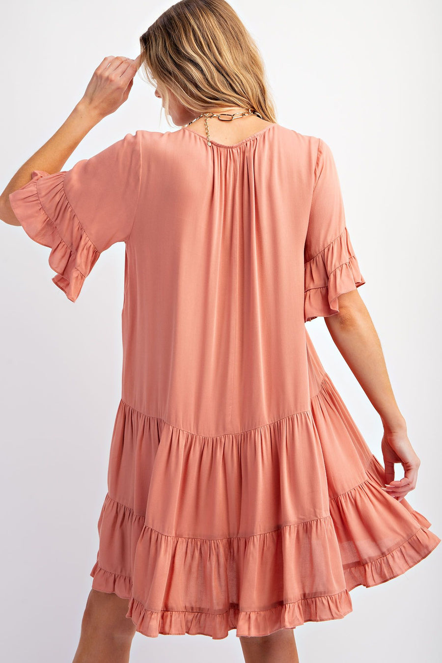 Stephanie Double Ruffle Sleeve Soft Flutter Ruffle Dress