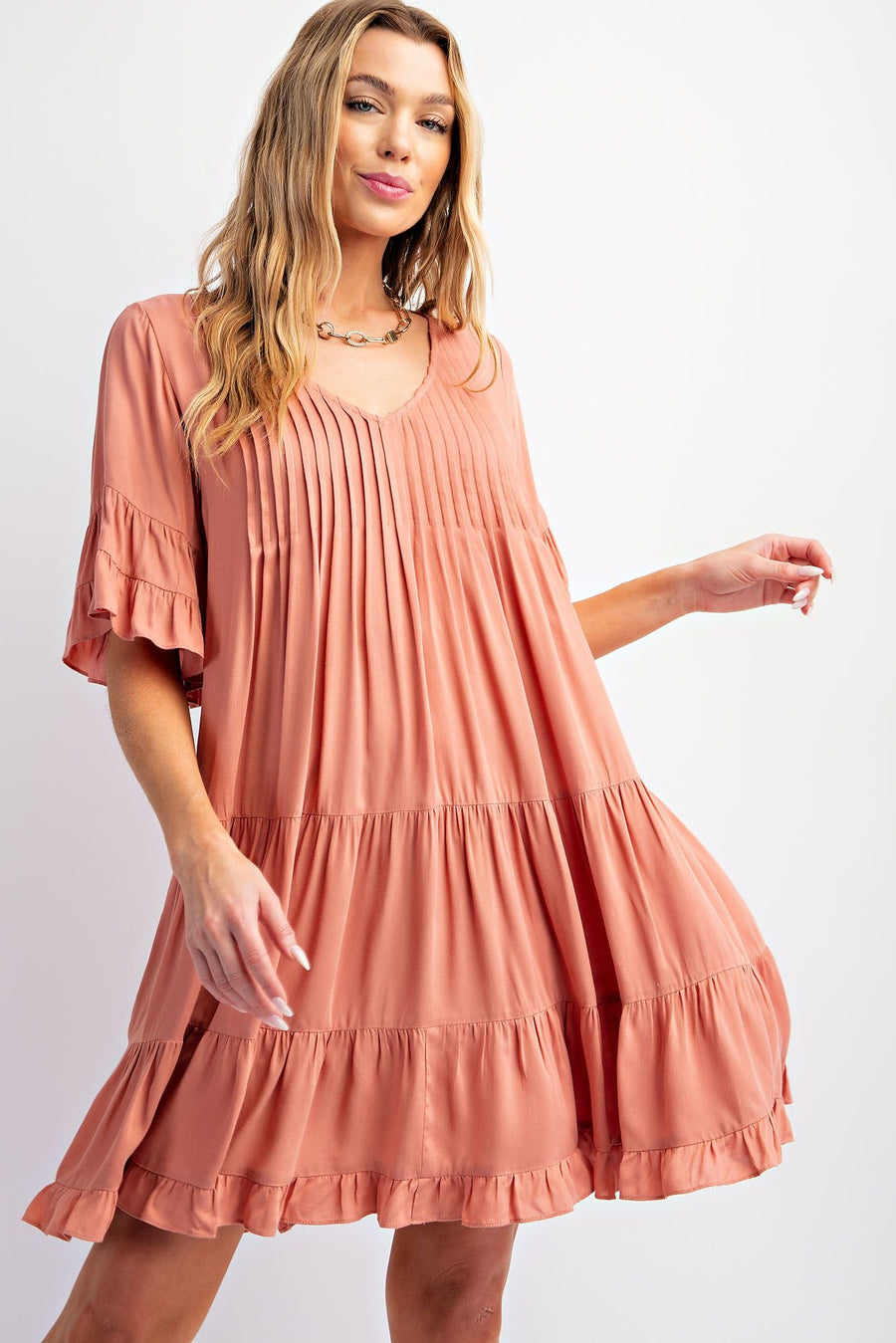 Stephanie Double Ruffle Sleeve Soft Flutter Ruffle Dress