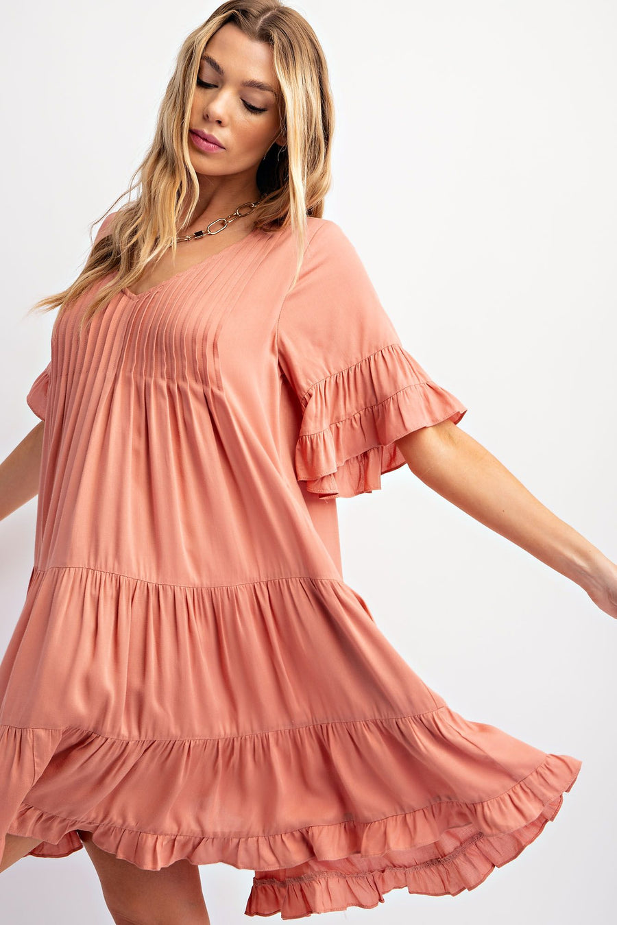 Stephanie Double Ruffle Sleeve Soft Flutter Ruffle Dress