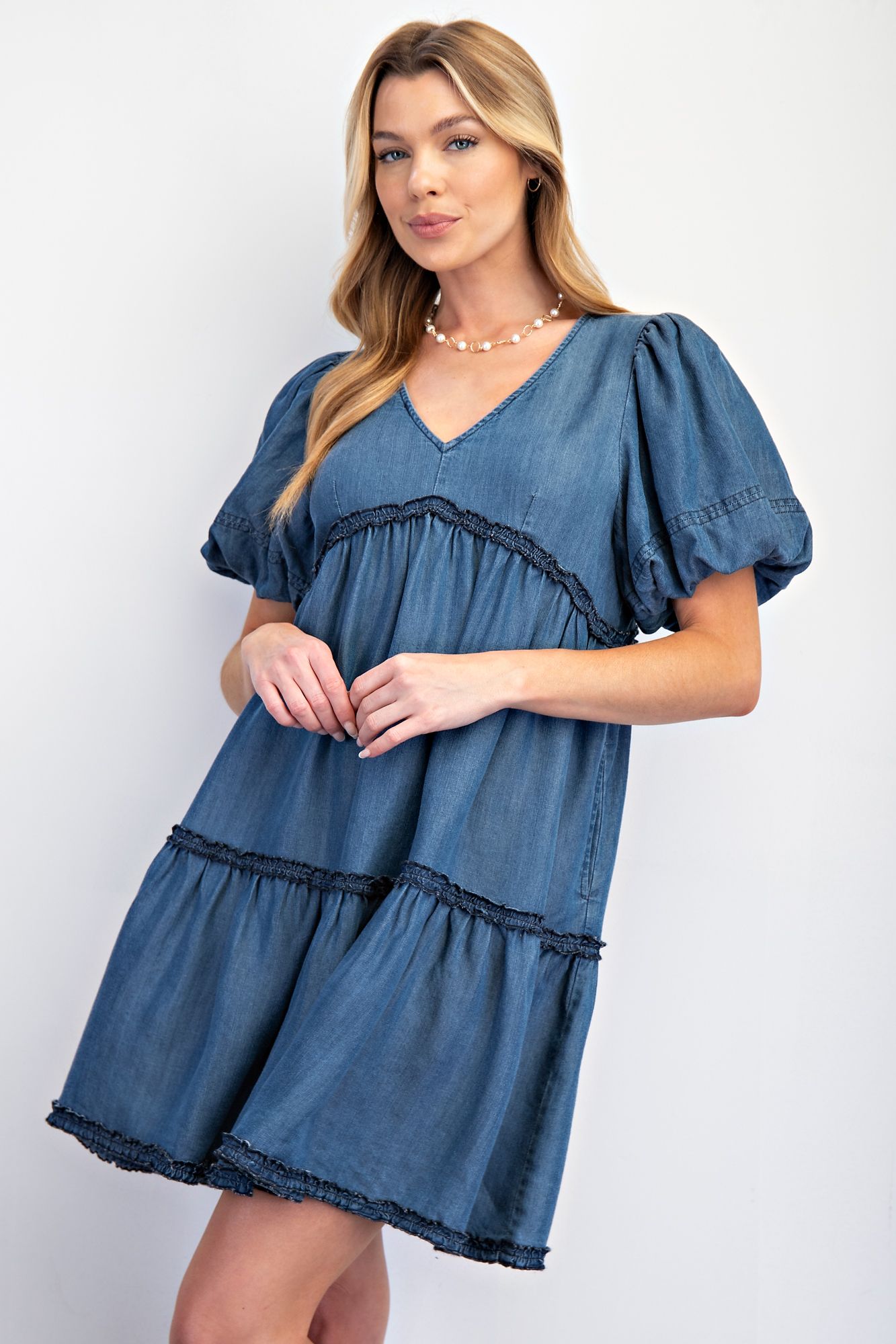 Catarina Bubble Sleeve Tiered Denim Dress