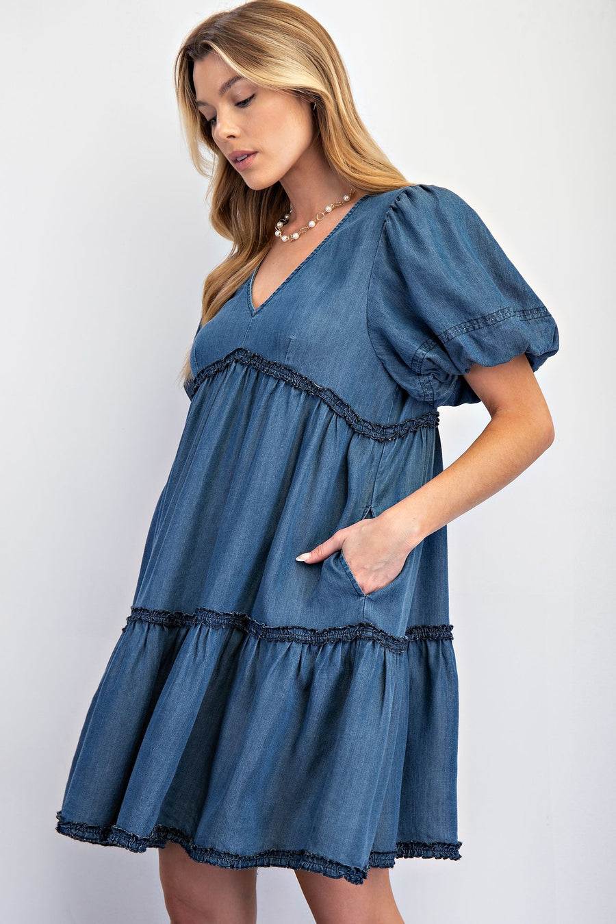 Catarina Bubble Sleeve Tiered Denim Dress