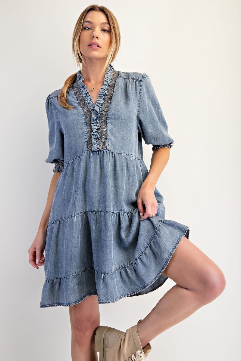 Mae Half Sleeve Washed Denim Dress