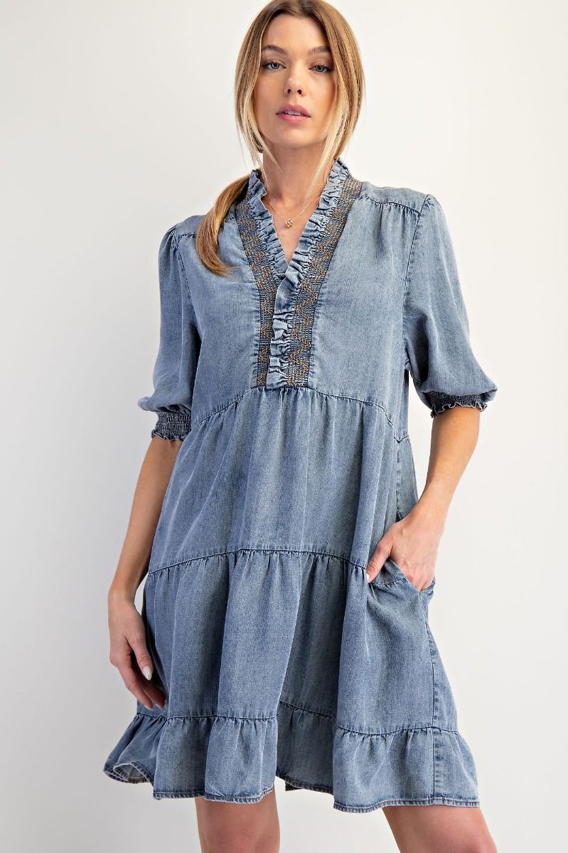 Mae Half Sleeve Washed Denim Dress