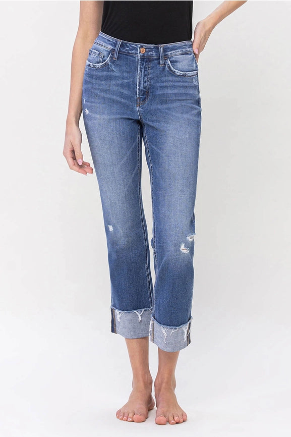 Bowie High Rise Straight Leg Crop Denim Jeans with Rolled Cuffs