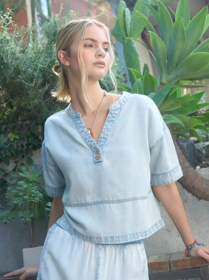 Emery Split Neckline Washed Denim Top