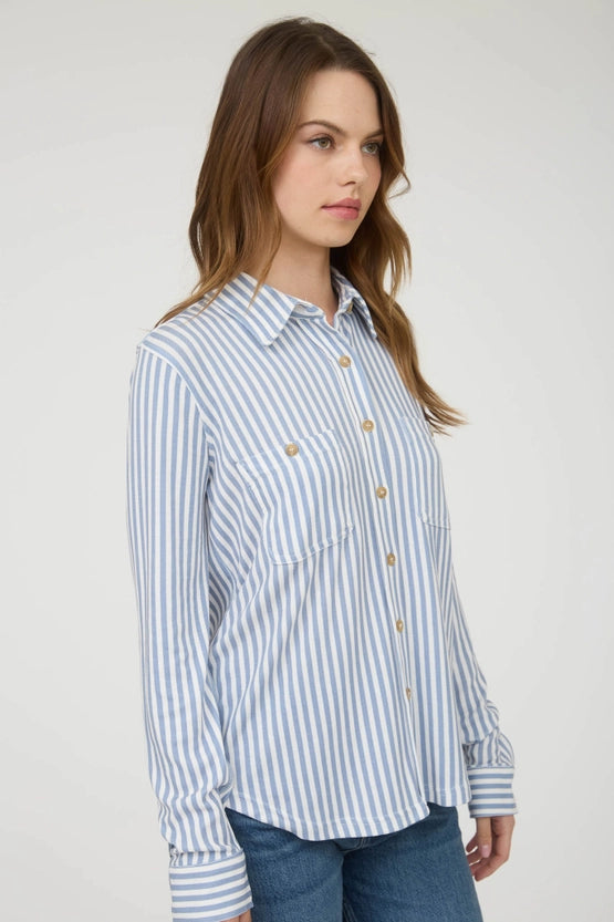Toni Stripe Collared Long Sleeve Button Down Knit Shirt Blouse