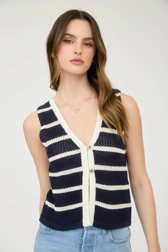 Marina Stripe Button Front Crochet Knit Vest