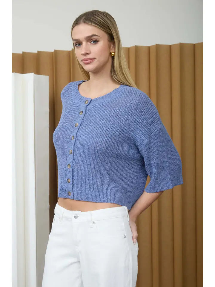 Cardi-Blue Short Sleeve Knit Cardigan