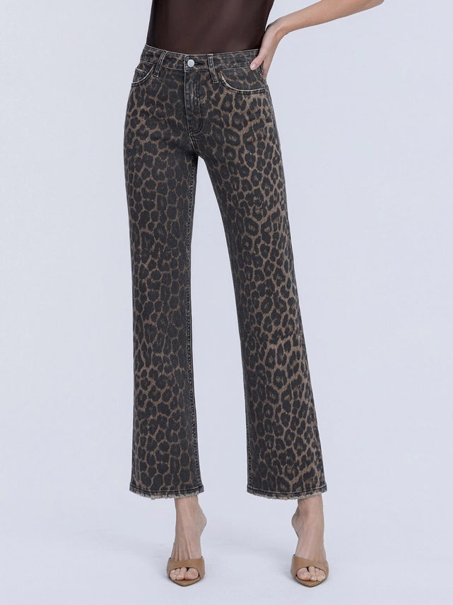 Dark Leopard Print High Rise Slim Wide Pants