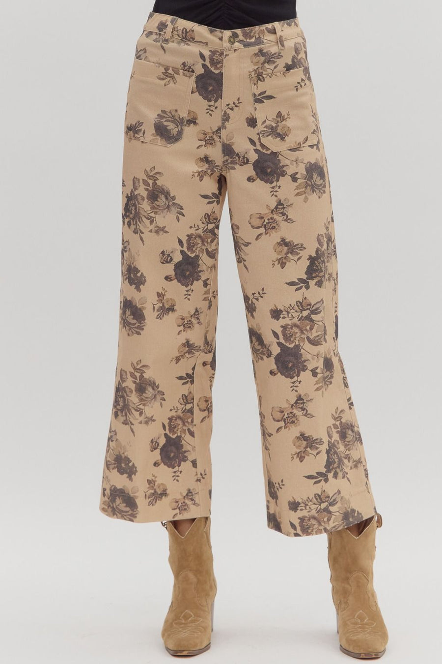 Rosanne Floral Print Wide Leg Twill Cropped Pants