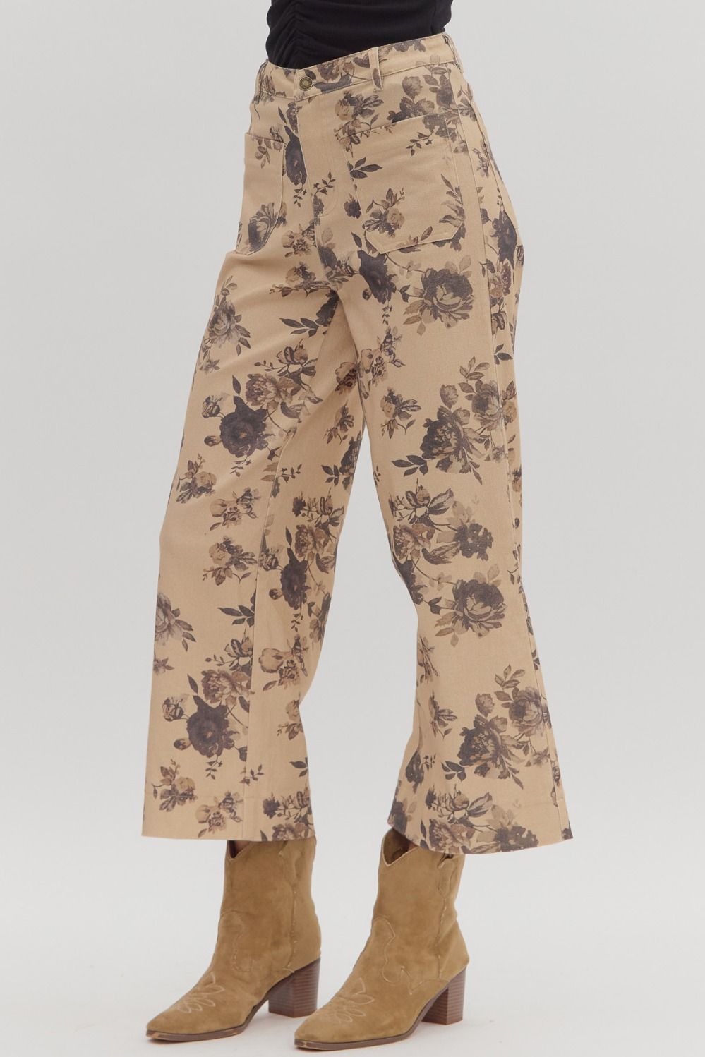 Rosanne Floral Print Wide Leg Twill Cropped Pants