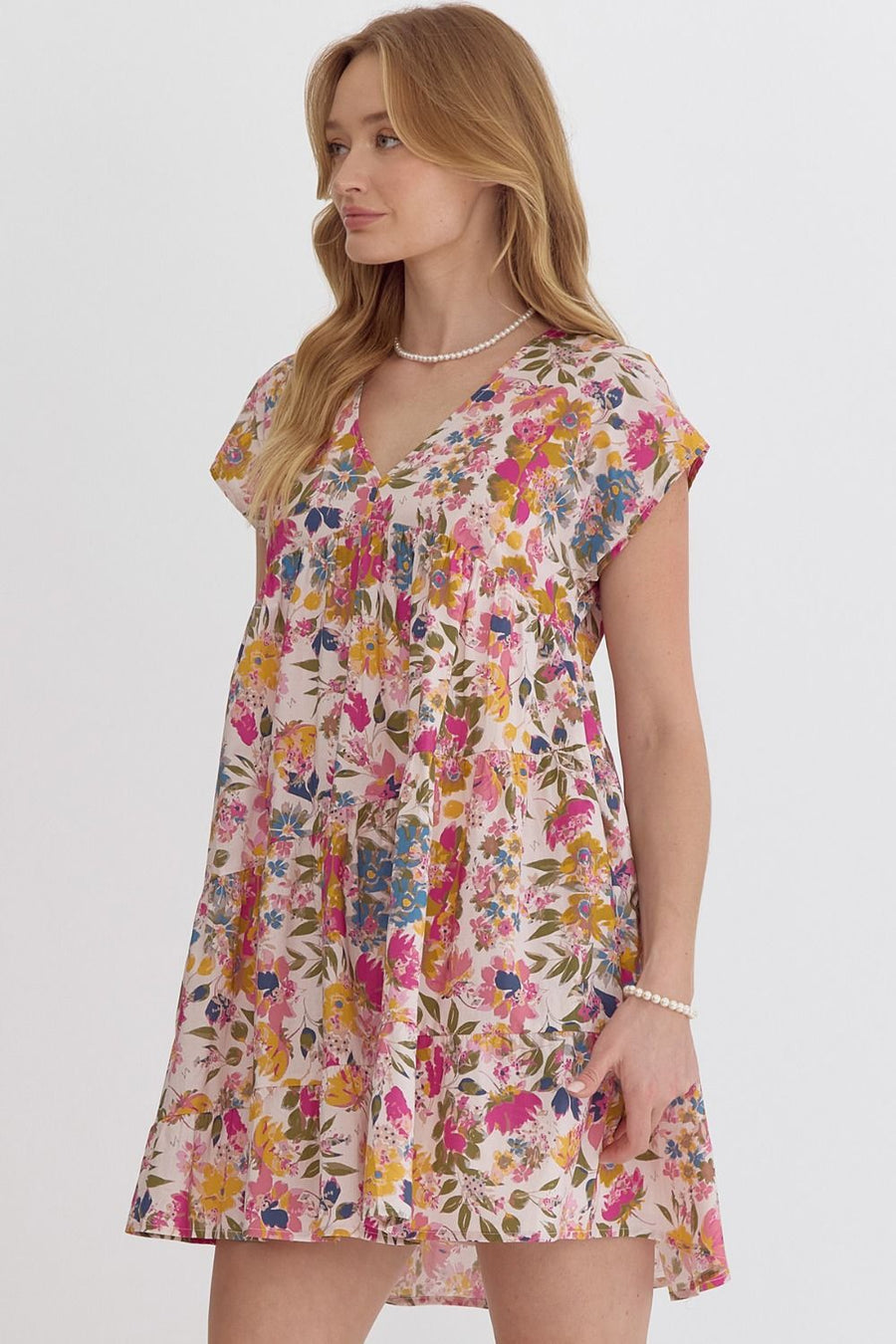 Caroline Floral Print Short Sleeve V-Neck Tiered Mini Dress
