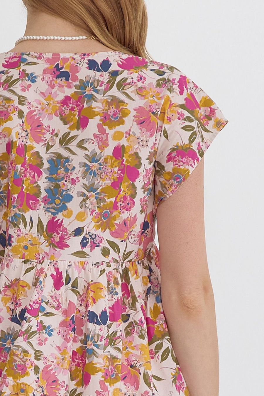 Caroline Floral Print Short Sleeve V-Neck Tiered Mini Dress
