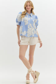 Forget-Me-Not Floral Puff Sleeve Button Down Shirt Blouse