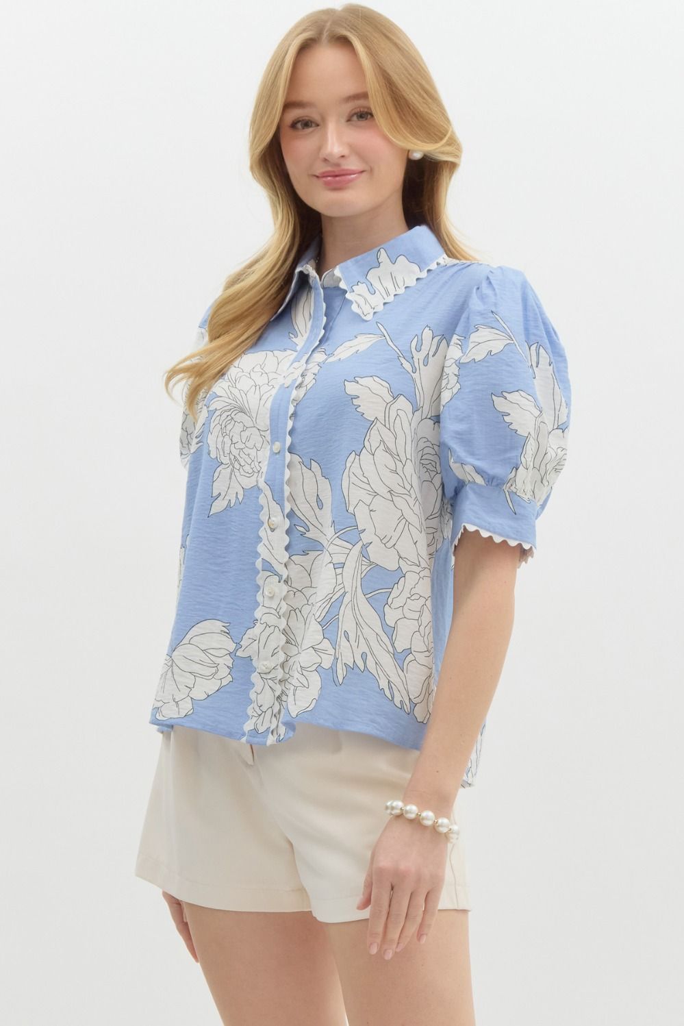 Forget-Me-Not Floral Puff Sleeve Button Down Shirt Blouse