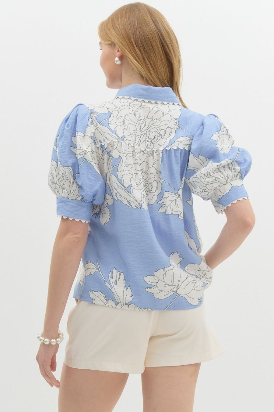 Forget-Me-Not Floral Puff Sleeve Button Down Shirt Blouse