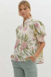 Garden Bouquet Puff Sleeve Button Down Shirt Blouse