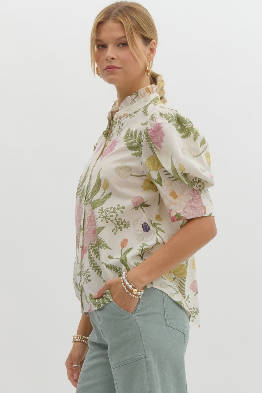 Garden Bouquet Puff Sleeve Button Down Shirt Blouse